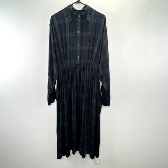 Vintage Ralph Lauren Shirt Dress 14 Tartan Plaid Blue Green Maxi Button FLAWS - Picture 2 of 10